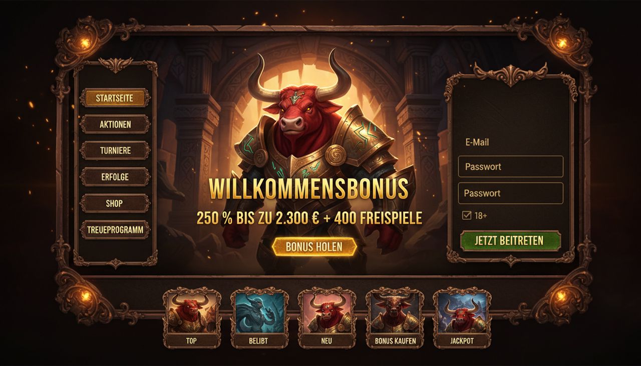 Startseite von Mino Casino mit Willkommensbonus, Spielkategorien und Registrierungsformular