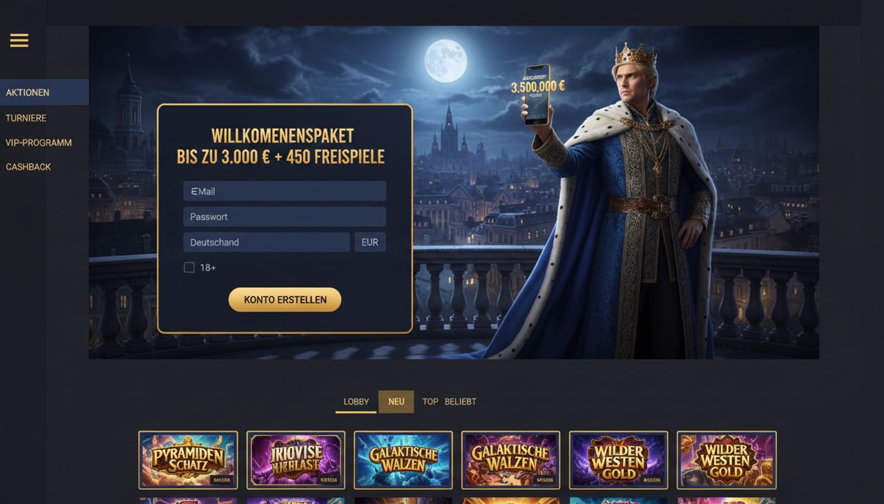 Startseite von King Billy mit Anmeldeformular, Aktionsmenü und Spielübersicht
