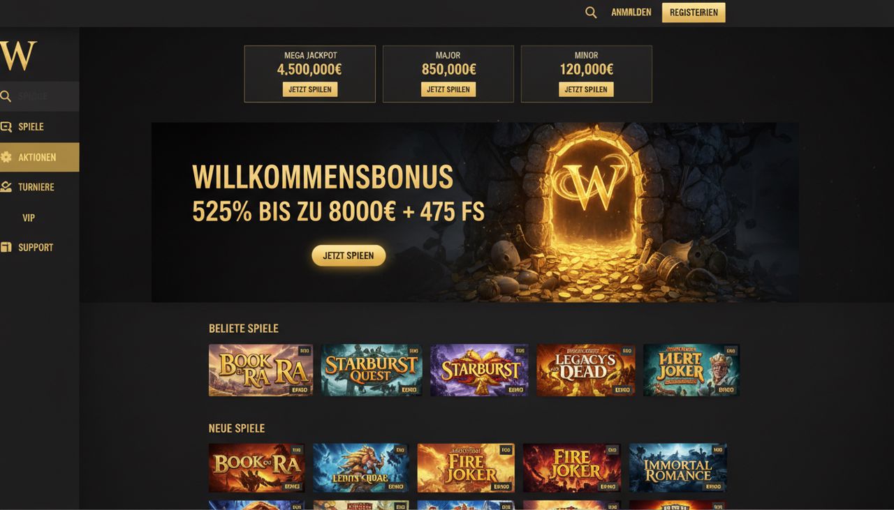 Startseite von Winhero mit Willkommensbonus-Banner und Übersicht beliebter Spielautomaten