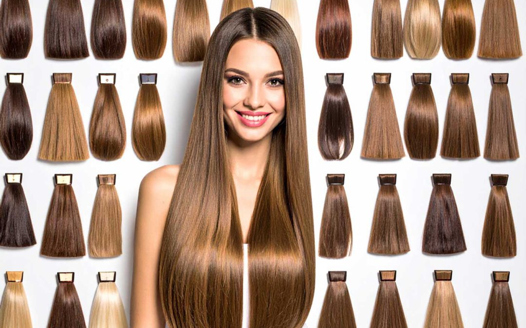 Frau mit langen glatten Haaren, umgeben von verschiedenen Farbmustern für Extensions ohne Mindestmenge aus Remy Echthaar Bondings.
