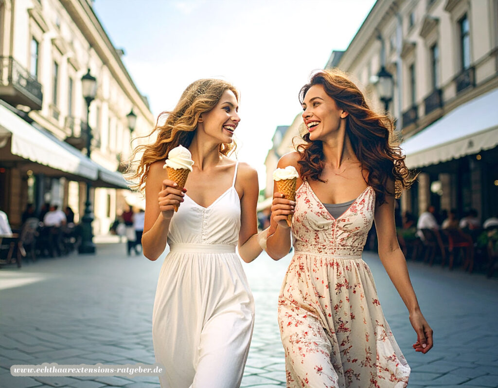 Zwei Freundinnen laufen lachend mit Eis durch eine sonnige Fußgängerzone. Ihre langen, glänzenden Haare wehen im Sommerwind und spiegeln Lebensfreude, Natürlichkeit und Leichtigkeit wider.