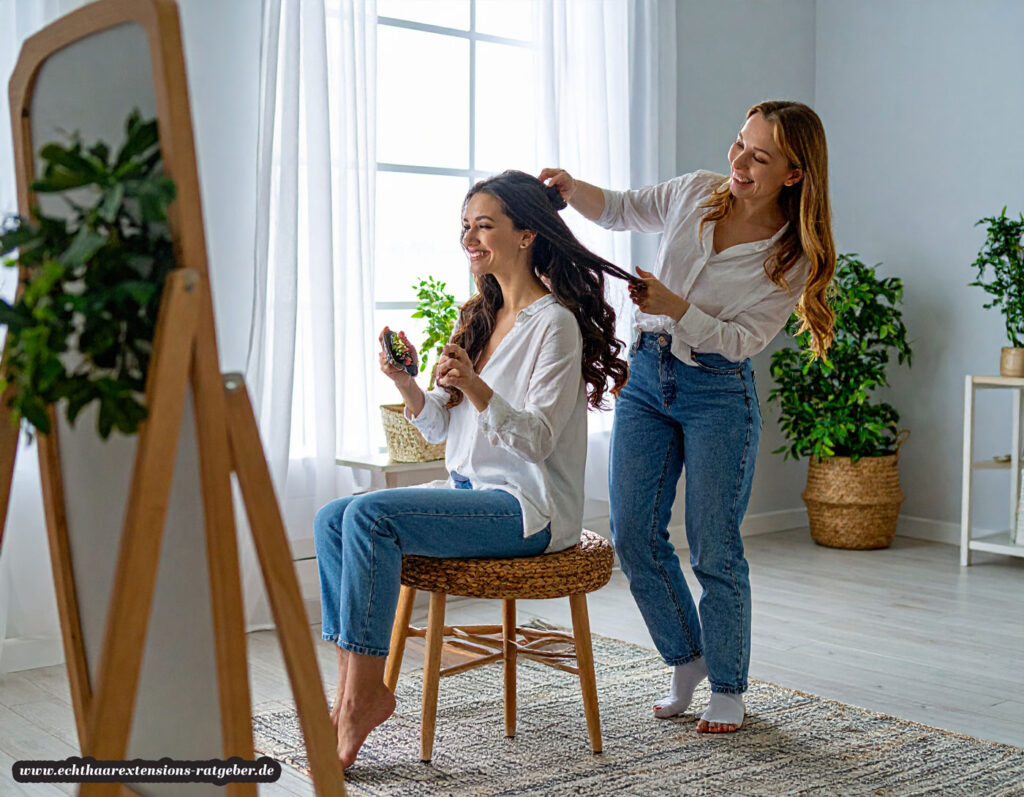 Freundin bürstet ihre Echthaar Extensions, während die andere lachend eine Haarspange reicht.