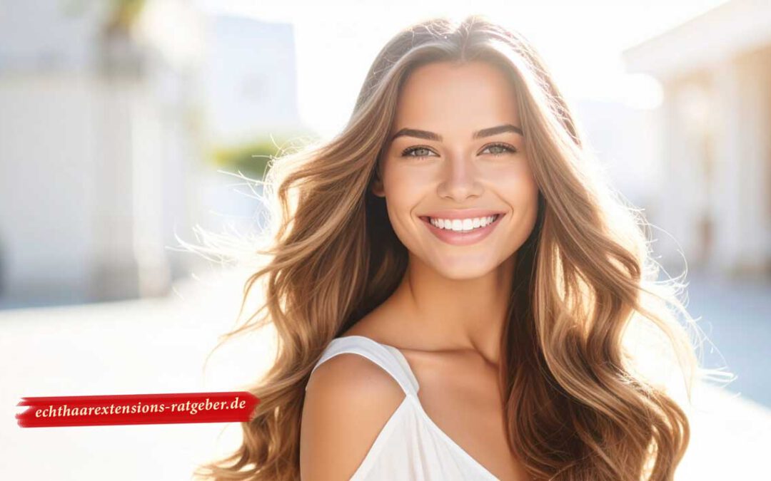 Frau mit langen, seidigen Echthaar Extensions im Sonnenlicht, natürlich und elegant