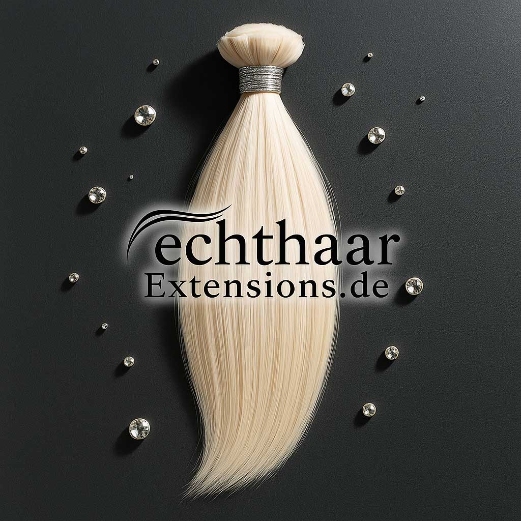 Platinblonde Echthaar Extensions mit echthaar-extensions.de Logo auf dunklem Hintergrund