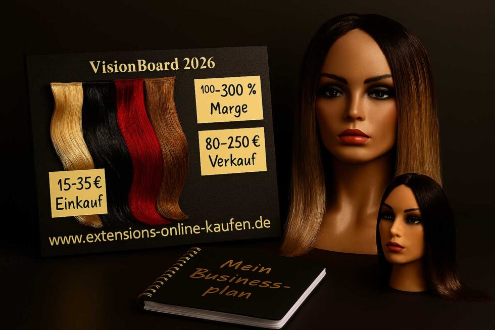 Echthaar Extensions VisionBoard mit Margen-Rechnung: Einkaufspreise ab 15–35 €, Verkaufspreise 80–250 €, Marge 100–300 %, ideales Geschäftsfeld für den Einstieg in den Onlinehandel mit Haarverlängerung aus Echthaar.